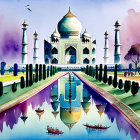 Vibrant Taj Mahal illustration with symmetrical reflection, floral patterns, and pastel sky