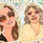 Colorful Illustration: Twin Women in Sunglasses with Vintage Hairstyles amid Abstract Patterns and Cityscape