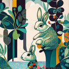 Surreal fairytale image: two rabbits in flora