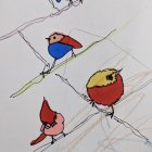 Vibrant stylized birds on branches with flying birds and small plant