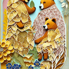 Bear family illustration with ornate fur patterns in vibrant flowery landscape