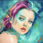 Vibrant portrait of a stylized woman with flowing blue, turquoise, and orange hair.