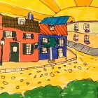 Colorful Cartoon Street Scene with Quaint Houses & Shops