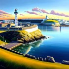 Vibrant Coastal Sunset Scene with Lighthouse, Buildings, and Boats