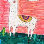 Vibrant illustration of white llama with polka dots beside turquoise-maned llama on colorful background