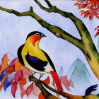 Colorful illustration of yellow birds on branches with red and pink flowers on pale backdrop