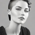 Monochrome portrait of stylized woman with vintage hairstyle and striking red lips