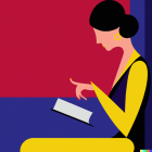 Illustration of Woman with Bob Haircut Reading Paper in Purple and Yellow Flora