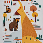 Modern flat art style poster with stylized bears and foliage in warm tones