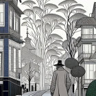 Elderly man walking dog in coat near futuristic trees and ornate buildings