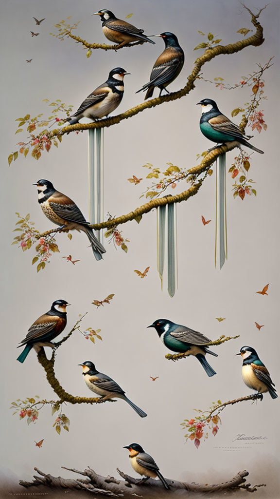 Colorful Birds on Autumn Branches with Insects in Vertical Composition