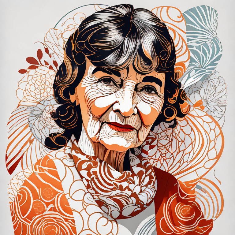 Detailed Elderly Woman Illustration in Orange and Blue Patterns