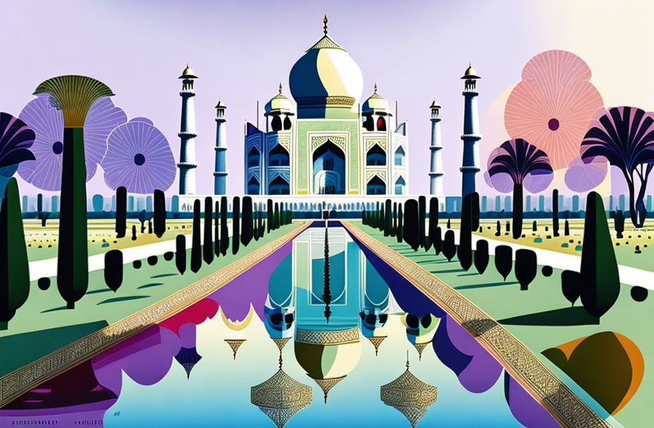 Vibrant Taj Mahal illustration with symmetrical reflection, floral patterns, and pastel sky