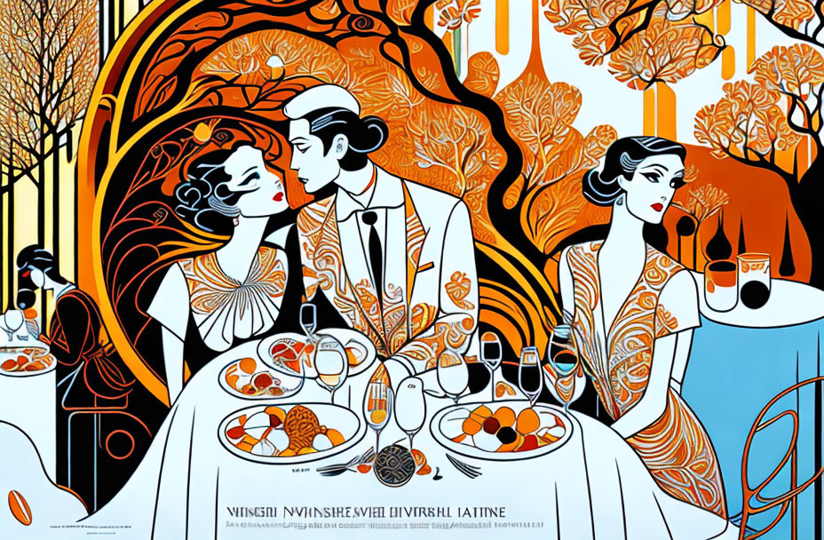 Elegant Art Nouveau Style Couple Kissing at Table with Wine and Fruit