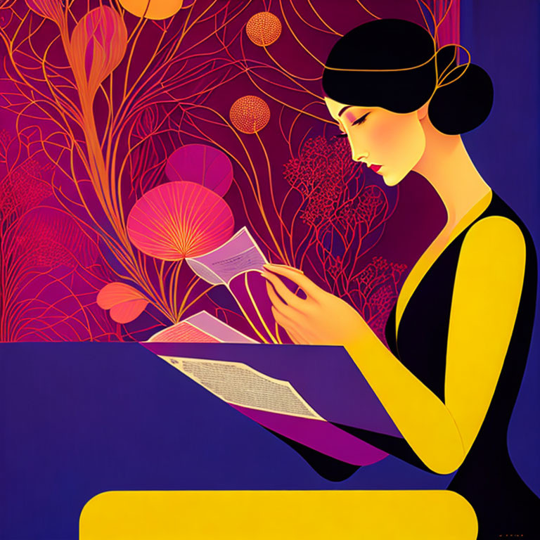 Illustration of Woman with Bob Haircut Reading Paper in Purple and Yellow Flora