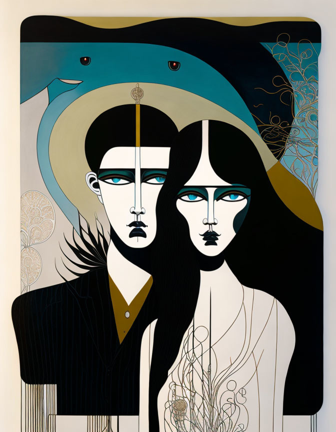 Stylized conjoined profile faces with blue eyes, surrounded by abstract patterns and plants under beige cres