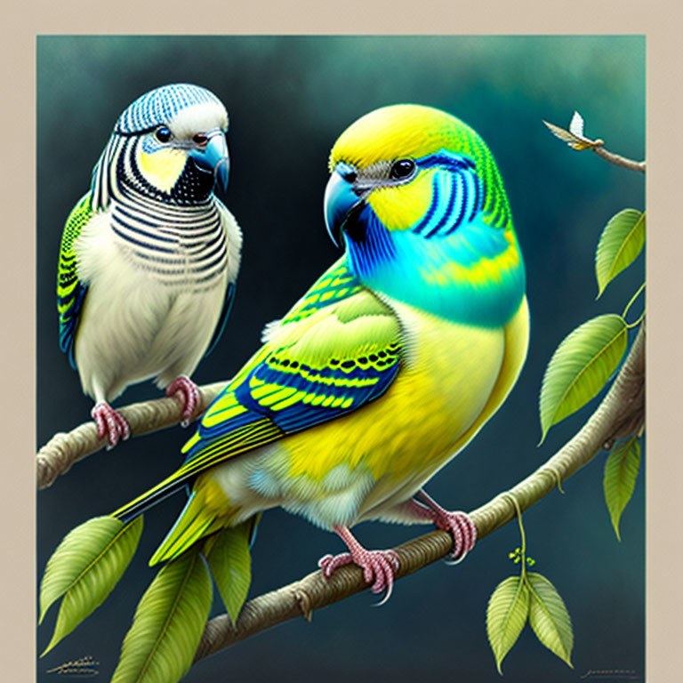 Colorful Budgerigars Perched on Branches, Blue and White & Yellow and Green