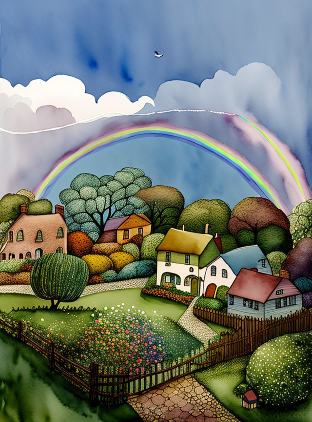 Vibrant village scene with houses, gardens, rainbow, and bird