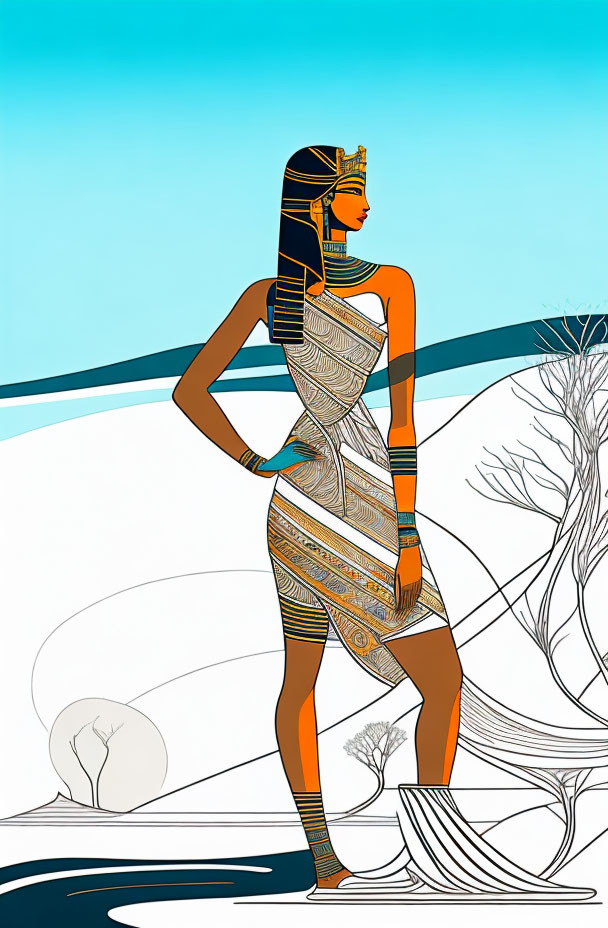 Stylized Egyptian queen with headdress and ornate dress in desert landscape