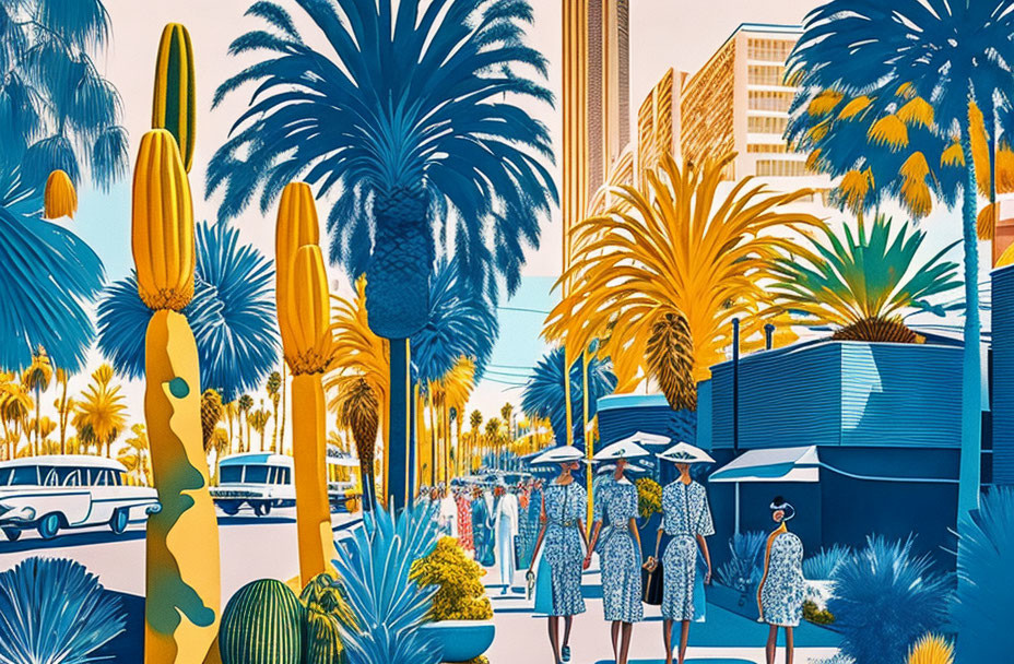 Colorful Illustration: People in Patterned Clothes Walking in Tropical Urban Setting