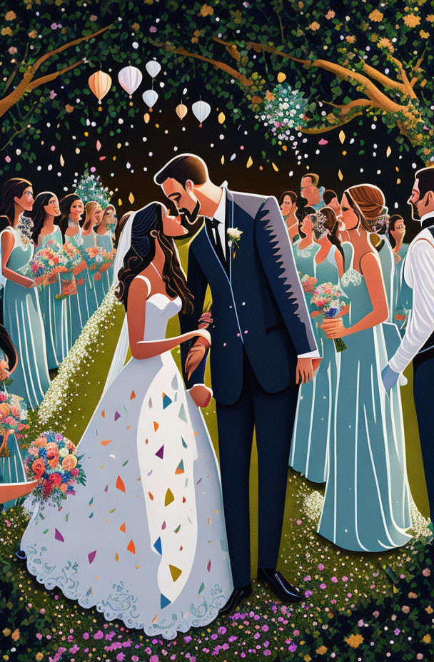 Wedding ceremony illustration with bride, groom, guests, and lanterns