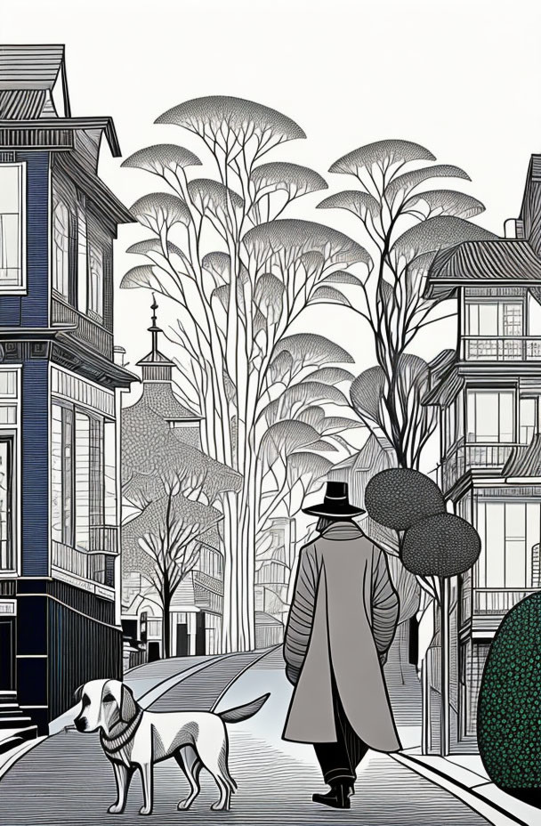 Monochrome illustration of person walking dog in cityscape