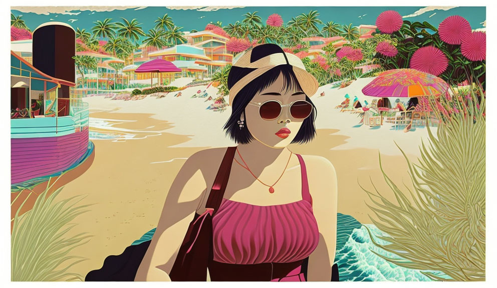 Fashionable woman in sunglasses and sunhat strolls on tropical beach with colorful scenery.