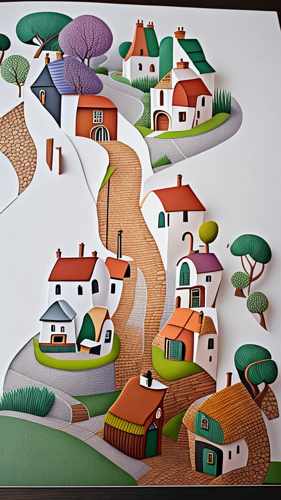 Colorful 3D paper art of whimsical village scene