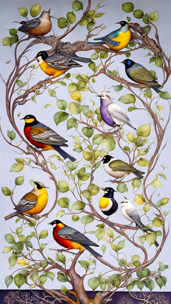 Colorful Birds Perched on Intertwined Branches with Green Leaves