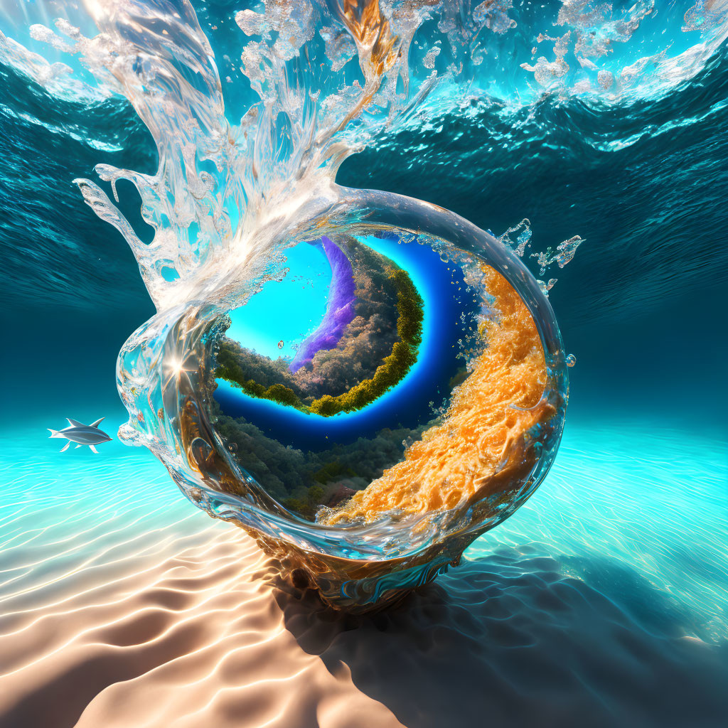 Surreal bubble with reversed landscape and water splashes under blue ocean