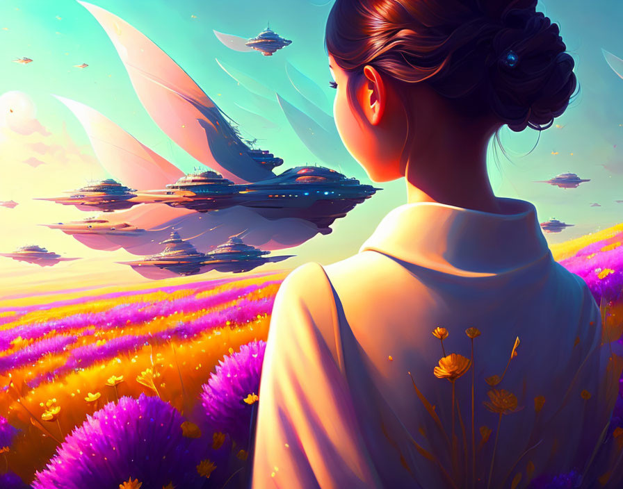 Woman admires futuristic landscape with purple fields and floating ships