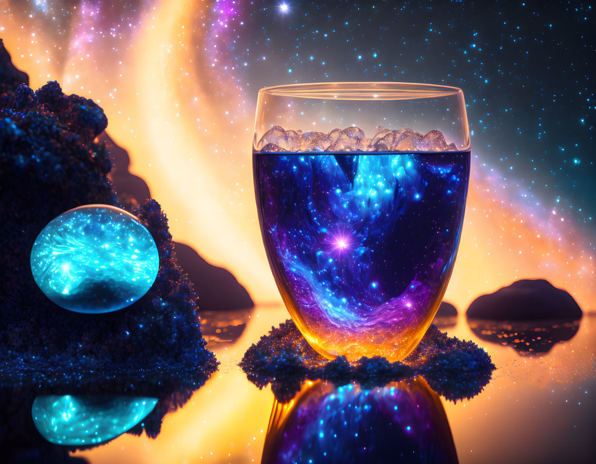 Colorful cosmic scene in glass with galaxies and nebula on reflective surface