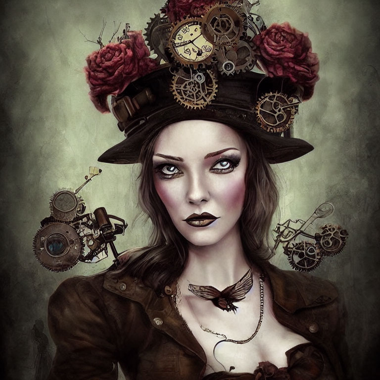 Steampunk aesthetic woman with gear-adorned hat and mechanical bird pendant