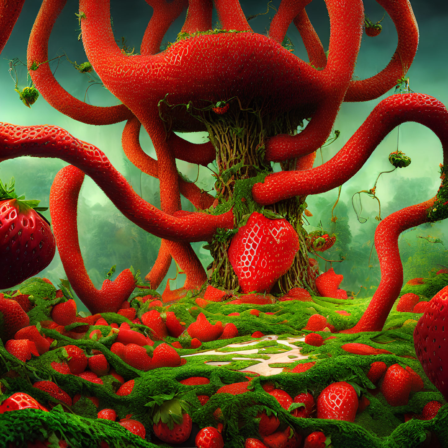 Surreal landscape with giant strawberry-shaped trees and winding path