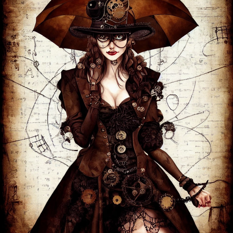 Steampunk woman with hat, goggles, corset, and gears on vintage schematics.
