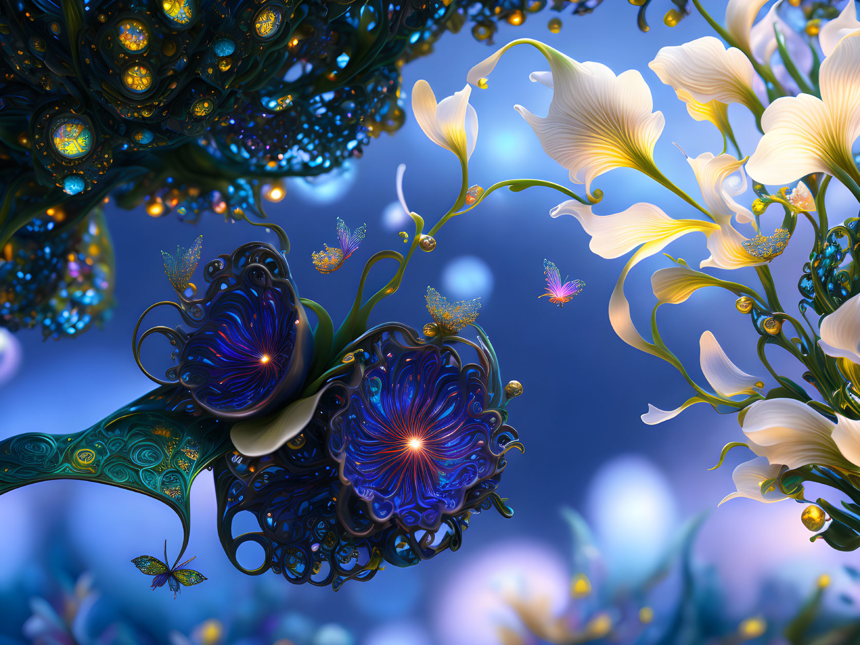 Colorful fantasy flower art with glowing centers on blue bokeh background