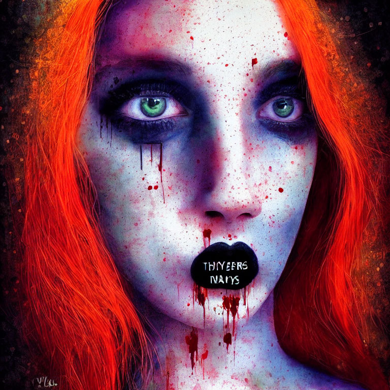 Portrait of person with green eyes, blood-like drips, and "thirteen ways" text