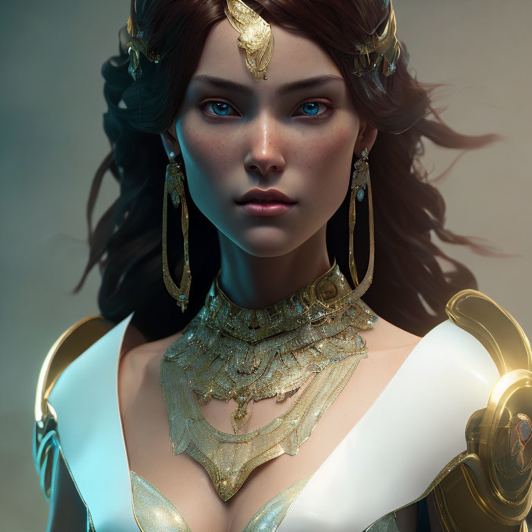 Portrait of woman with blue eyes in gold jewelry and armor against soft background