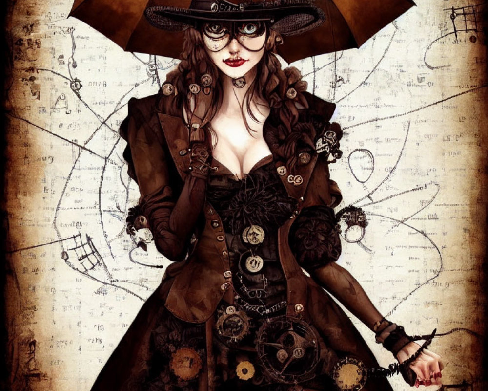 Steampunk woman with hat, goggles, corset, and gears on vintage schematics.