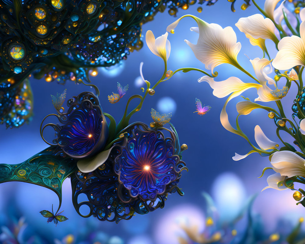 Colorful fantasy flower art with glowing centers on blue bokeh background