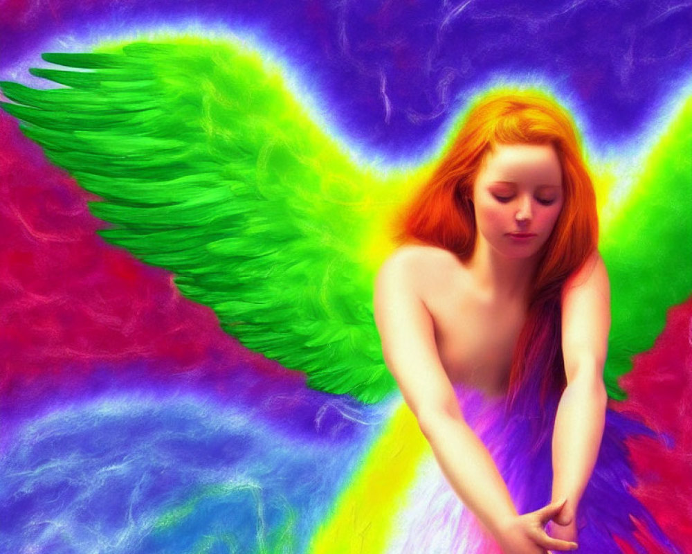 Colorful red-haired female with wings in vibrant artwork.