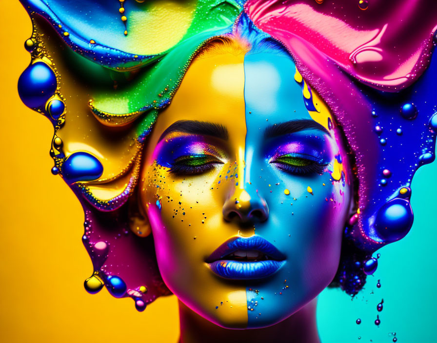 Colorful paint splashes surround woman's portrait