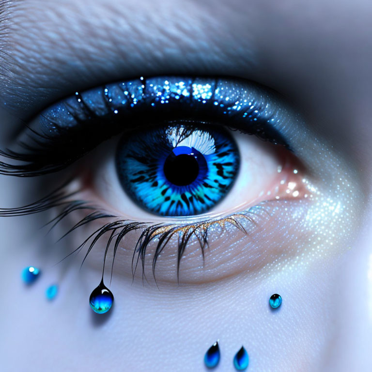 Blue eye with sparkling makeup and teardrop jewels: textures and colors highlighted