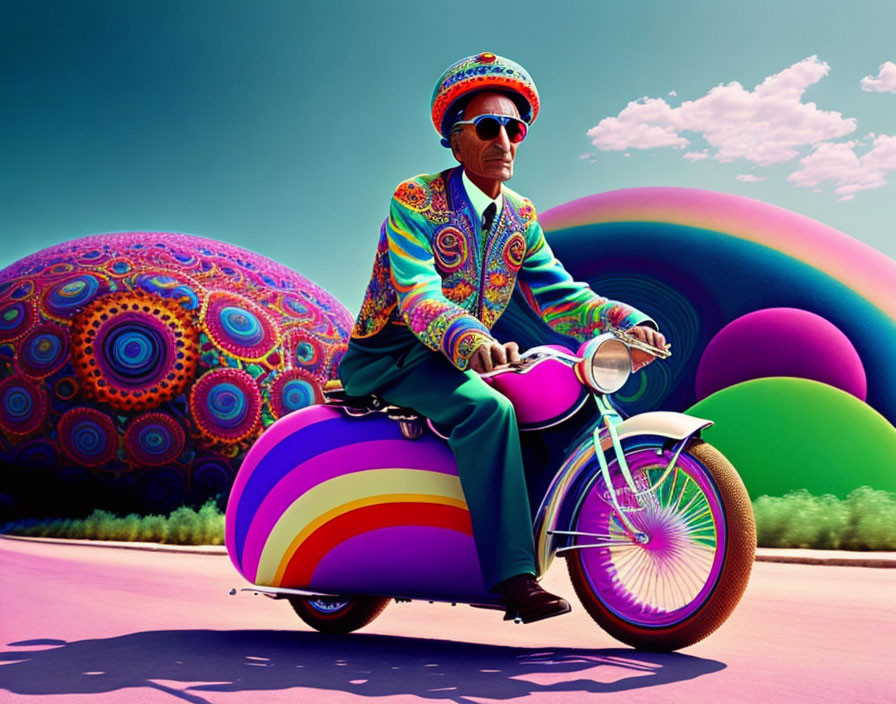 Man in vibrant suit rides psychedelic scooter in surreal landscape