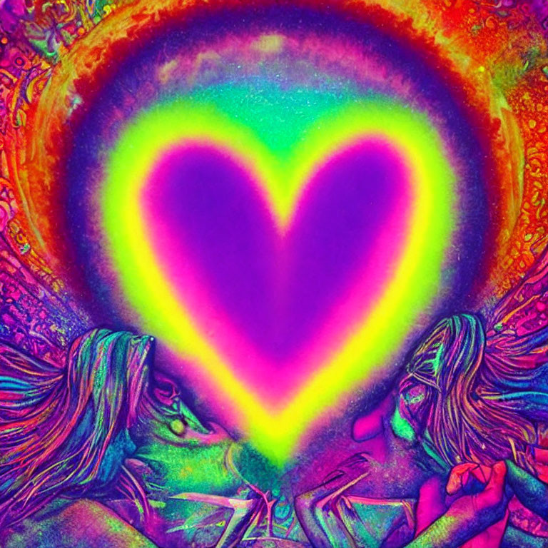 Psychedelic image of two faces with glowing heart on textured background