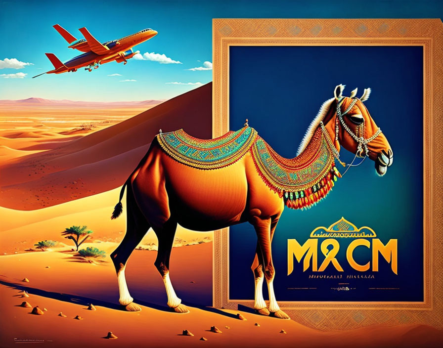 Adorned camel in desert scene with flying plane for travel promotion