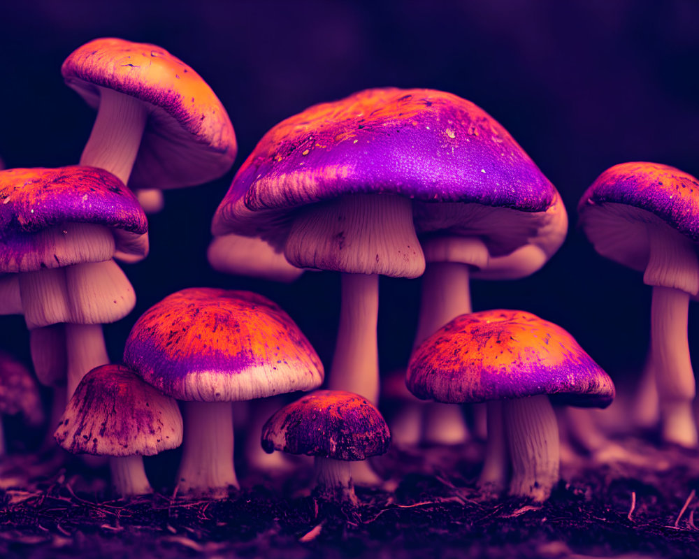 Cluster of Vibrant Purple Mushrooms on Dark Soil