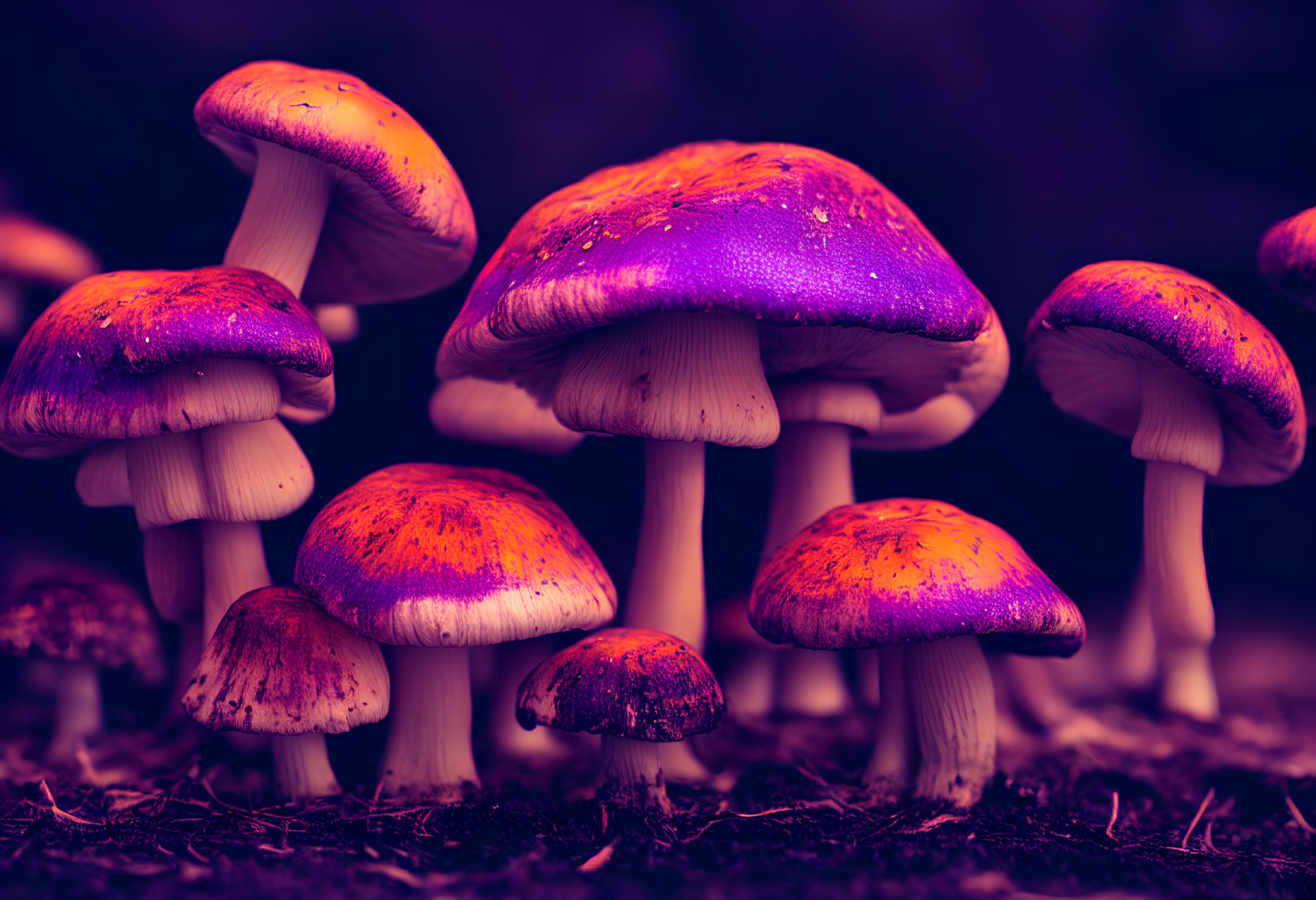 Cluster of Vibrant Purple Mushrooms on Dark Soil