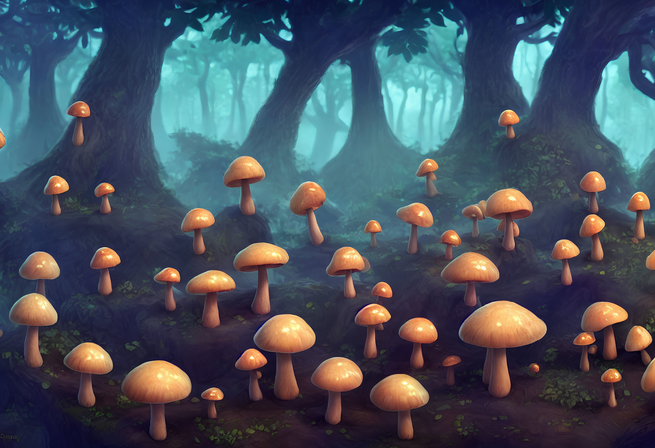 Misty forest scene with large luminous mushrooms