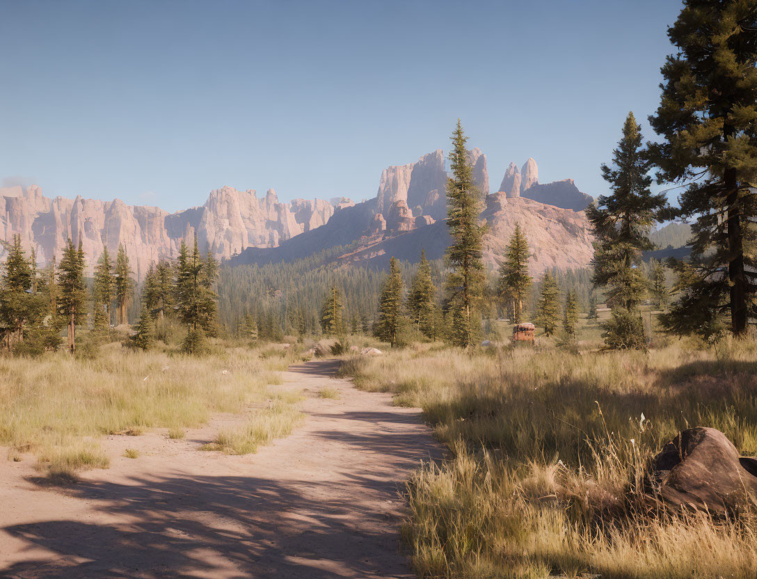 Tranquil landscape with dirt path through pine forest and majestic rock formations